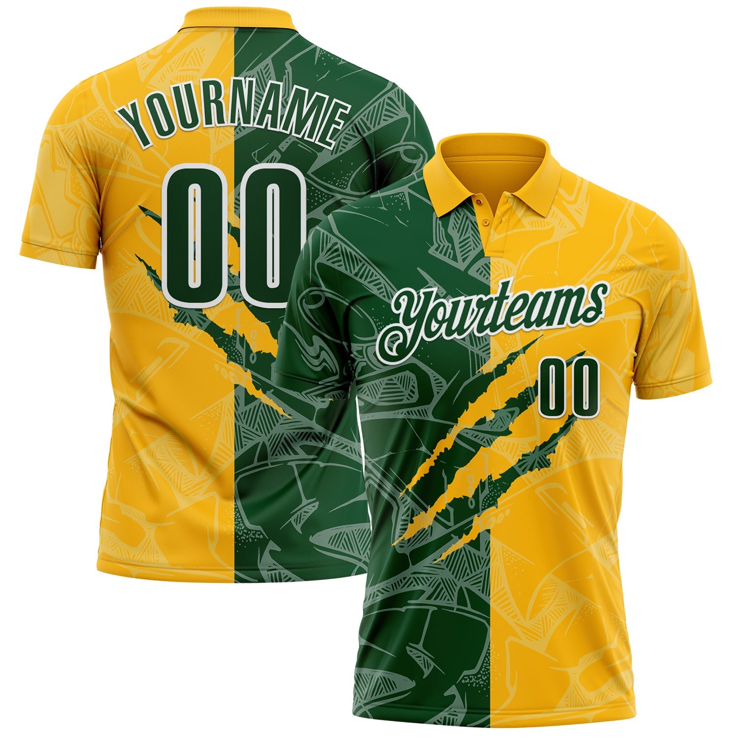 Custom Graffiti Pattern Green Gold-White 3D Scratch Performance Polo Shirt - Main View
