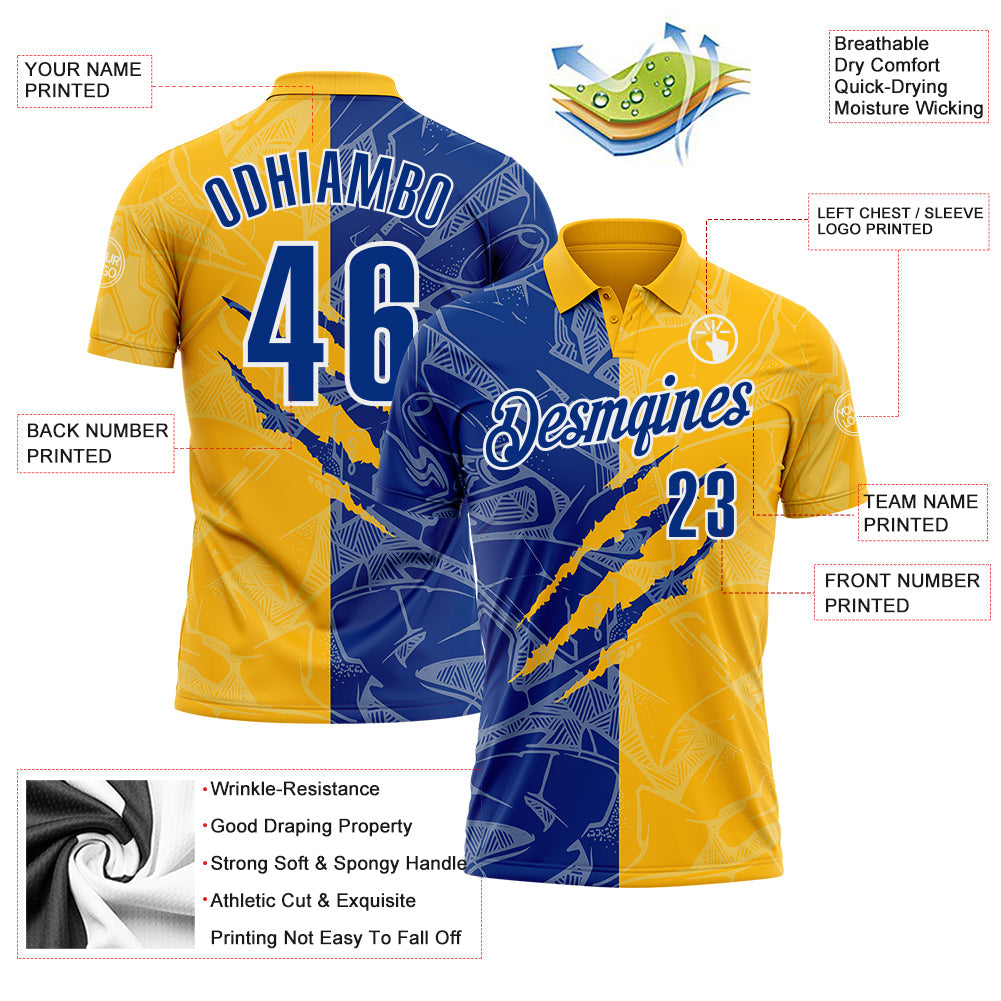 Custom Graffiti Pattern Royal Gold-White 3D Scratch Performance Polo Shirt view 3
