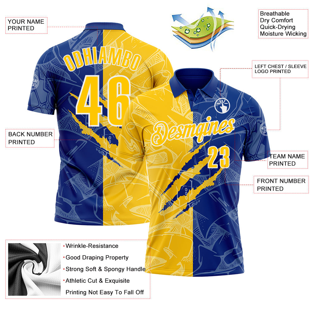 Custom Graffiti Pattern Yellow Royal-White 3D Scratch Performance Polo Shirt view 3