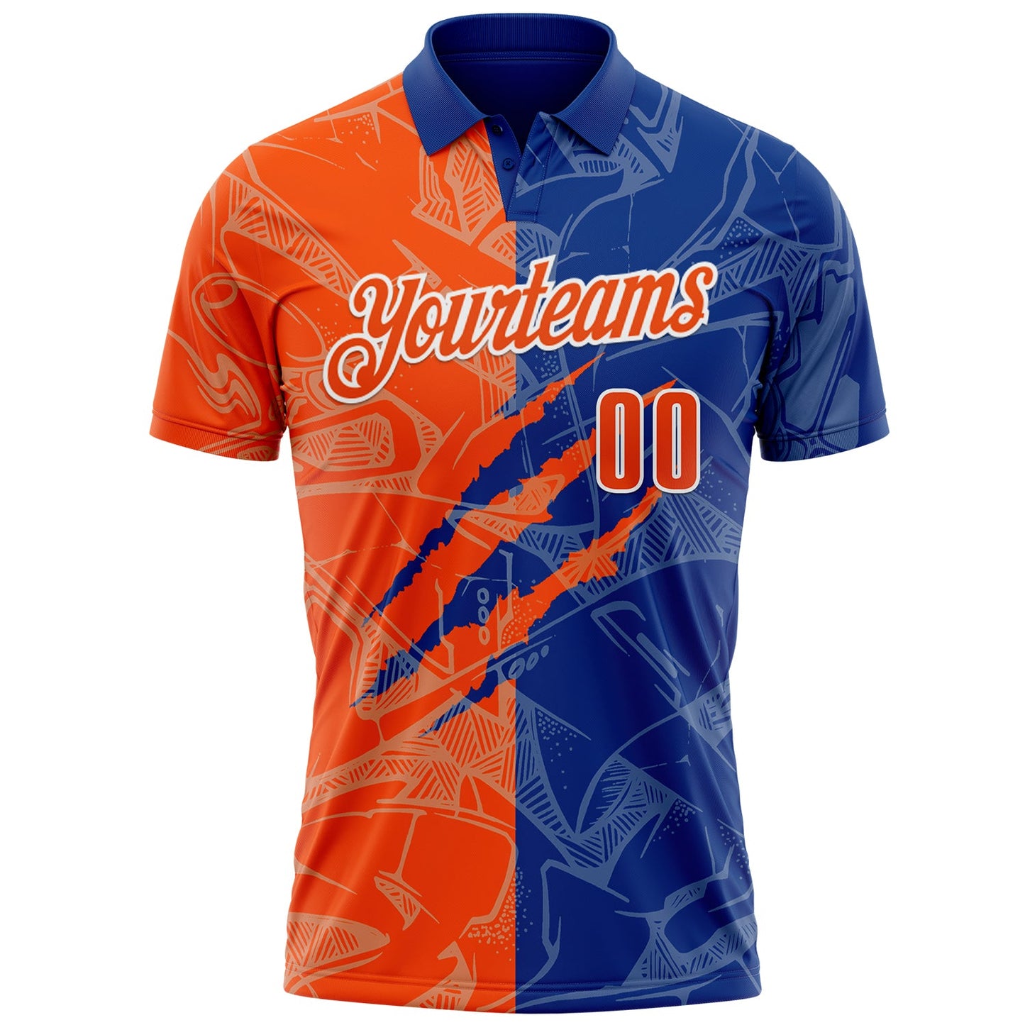 Custom Graffiti Pattern Orange Royal-White 3D Scratch Performance Polo Shirt view 2