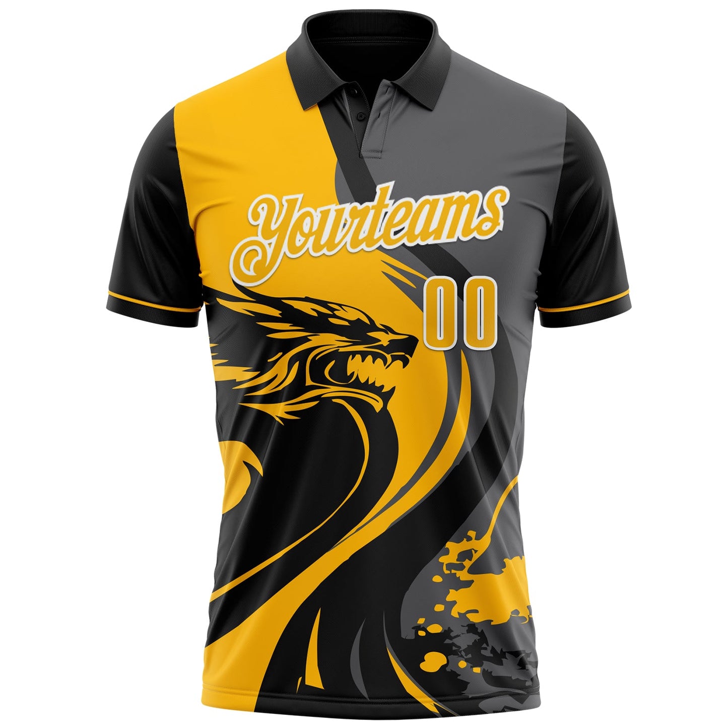 Custom Black Gold Steel Gray-White 3D Pattern Design Animal Wolf And Splash Performance Polo Shirt view 2