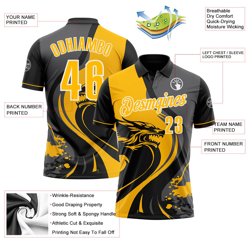 Custom Black Gold Steel Gray-White 3D Pattern Design Animal Wolf And Splash Performance Polo Shirt view 3