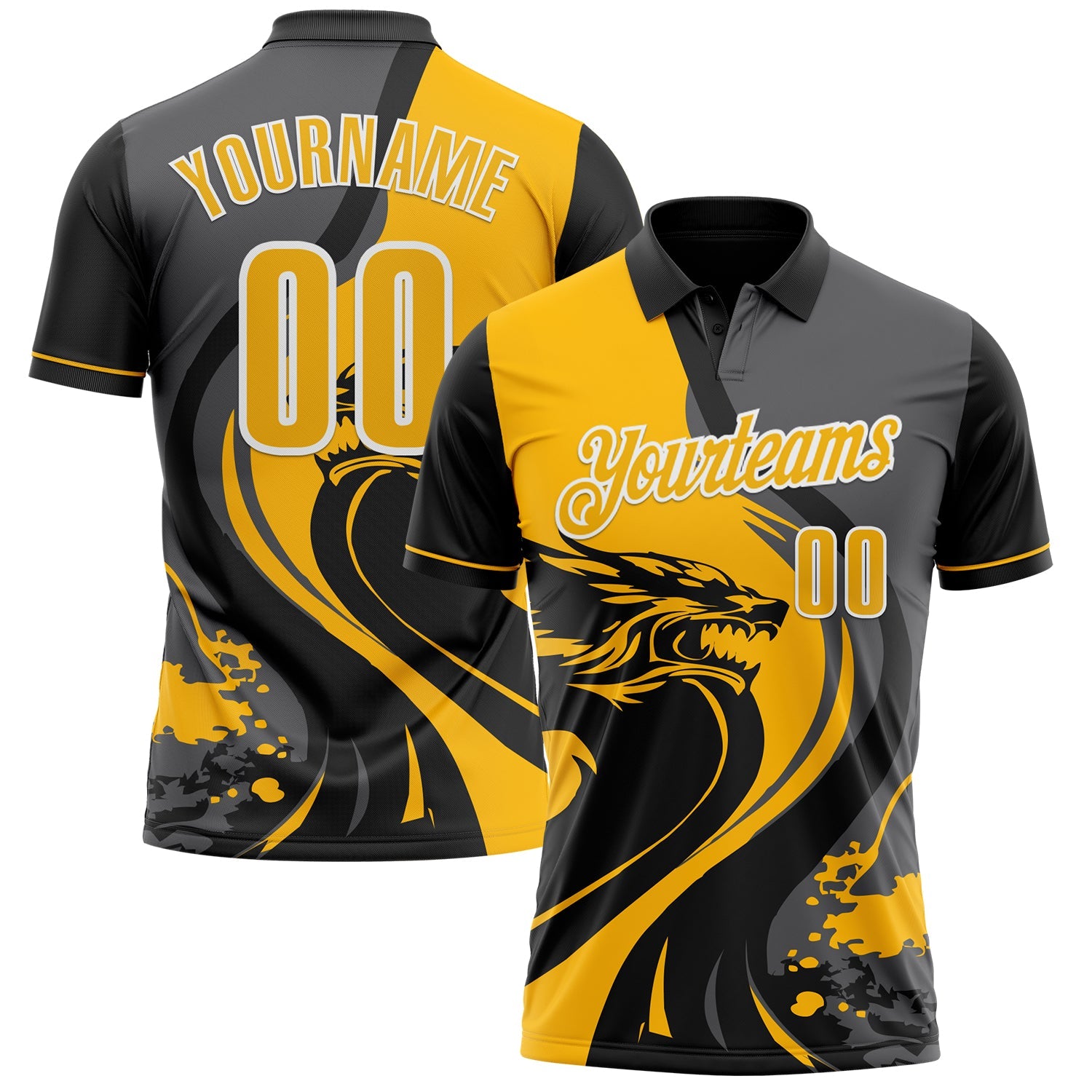Custom Black Gold Steel Gray-White 3D Pattern Design Animal Wolf And Splash Performance Polo Shirt - Main View