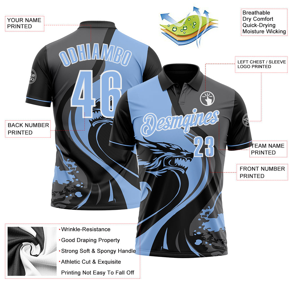Custom Black Light Blue Steel Gray-White 3D Pattern Design Animal Wolf And Splash Performance Polo Shirt view 3