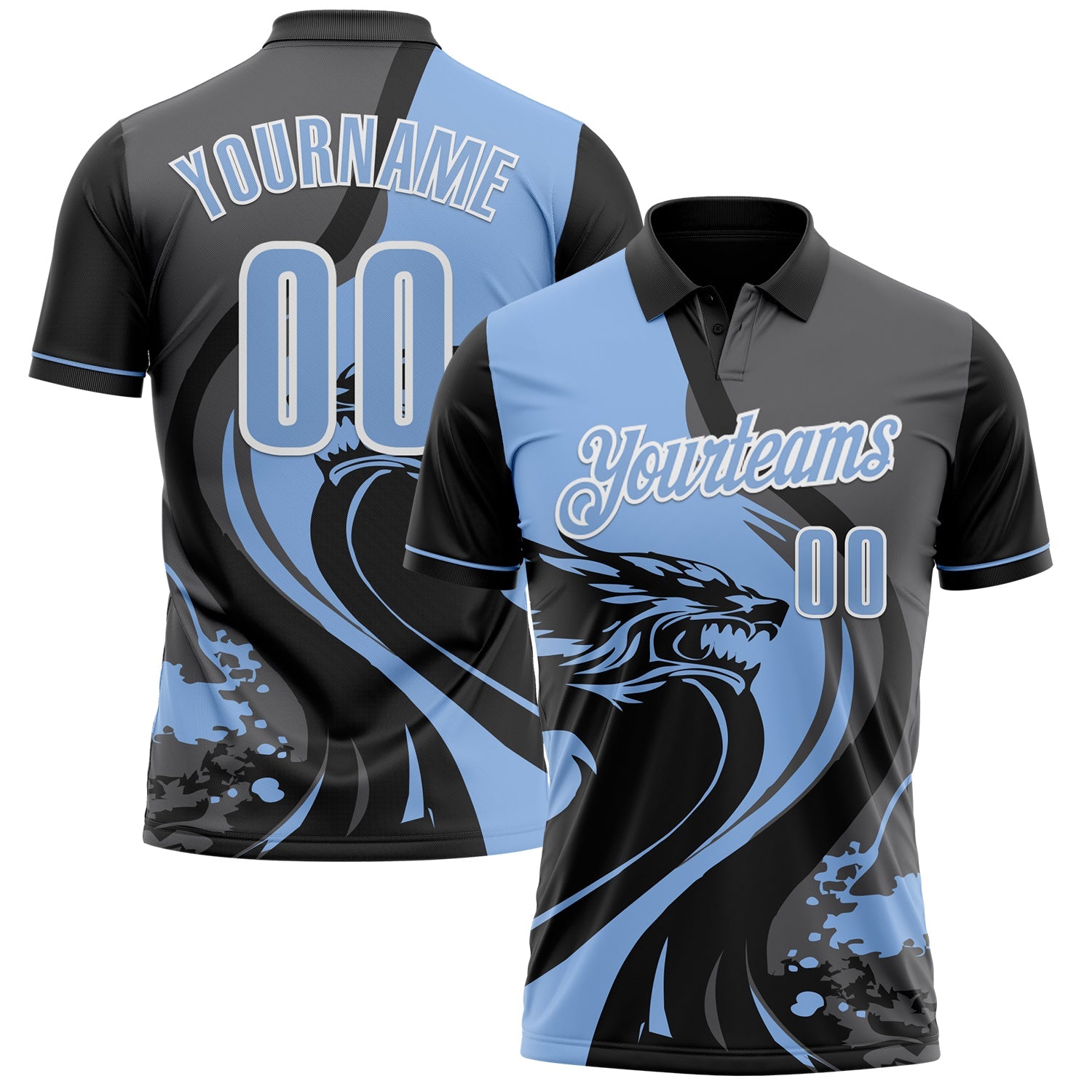 Custom Black Light Blue Steel Gray-White 3D Pattern Design Animal Wolf And Splash Performance Polo Shirt - Main View