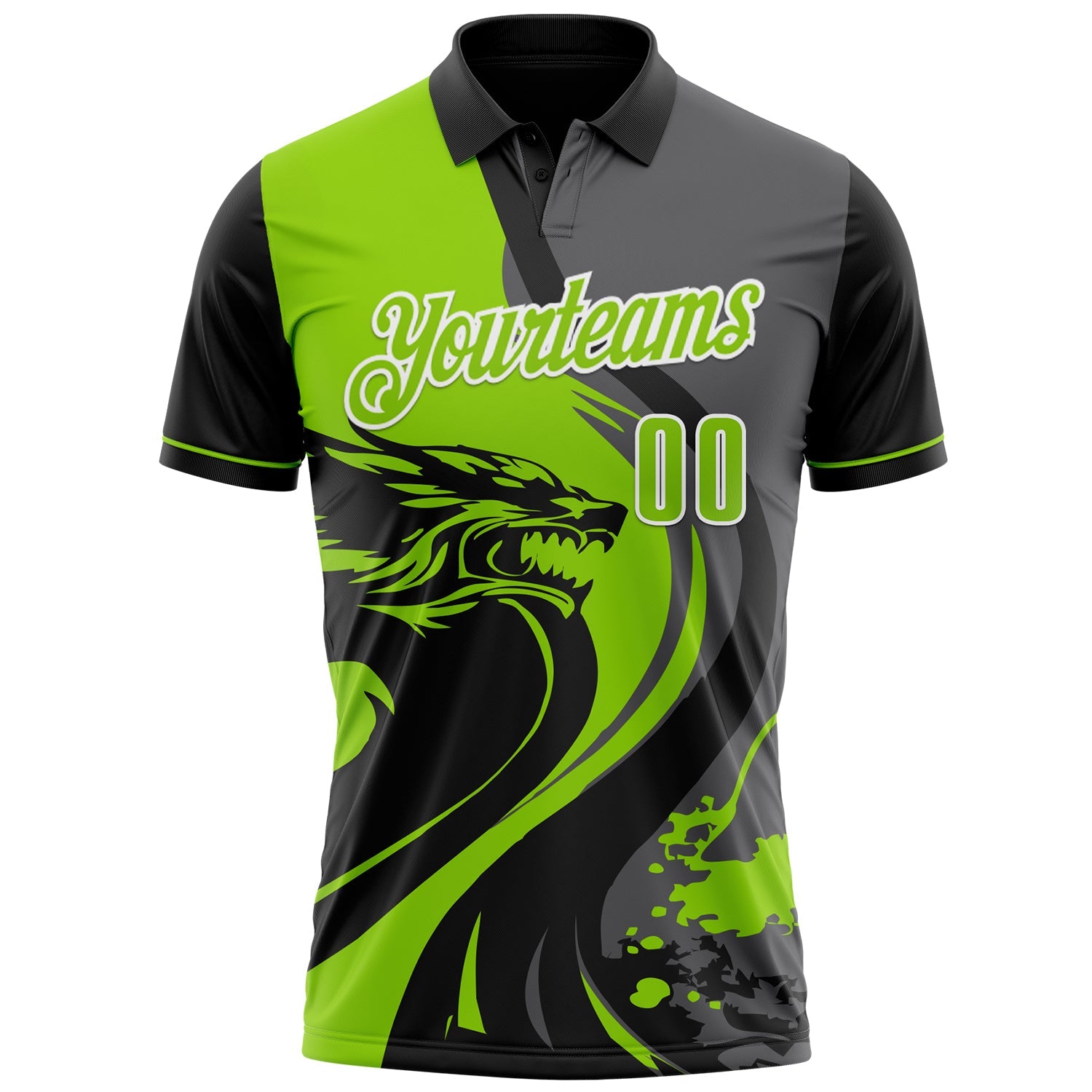 Custom Black Neon Green Steel Gray-White 3D Pattern Design Animal Wolf And Splash Performance Polo Shirt view 2
