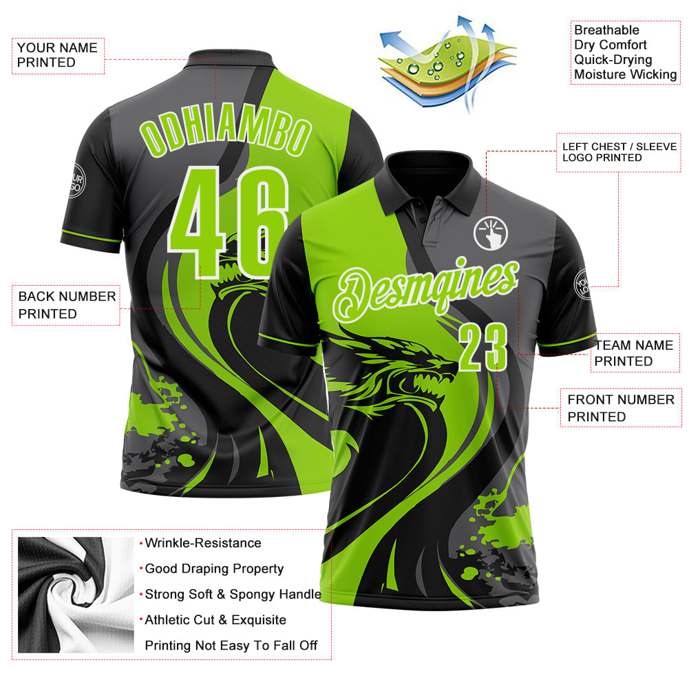 Custom Black Neon Green Steel Gray-White 3D Pattern Design Animal Wolf And Splash Performance Polo Shirt view 3