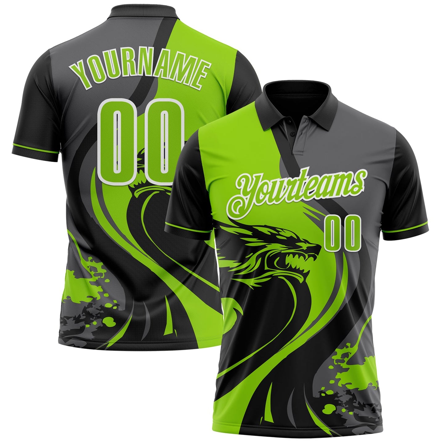 Custom Black Neon Green Steel Gray-White 3D Pattern Design Animal Wolf And Splash Performance Polo Shirt - Main View