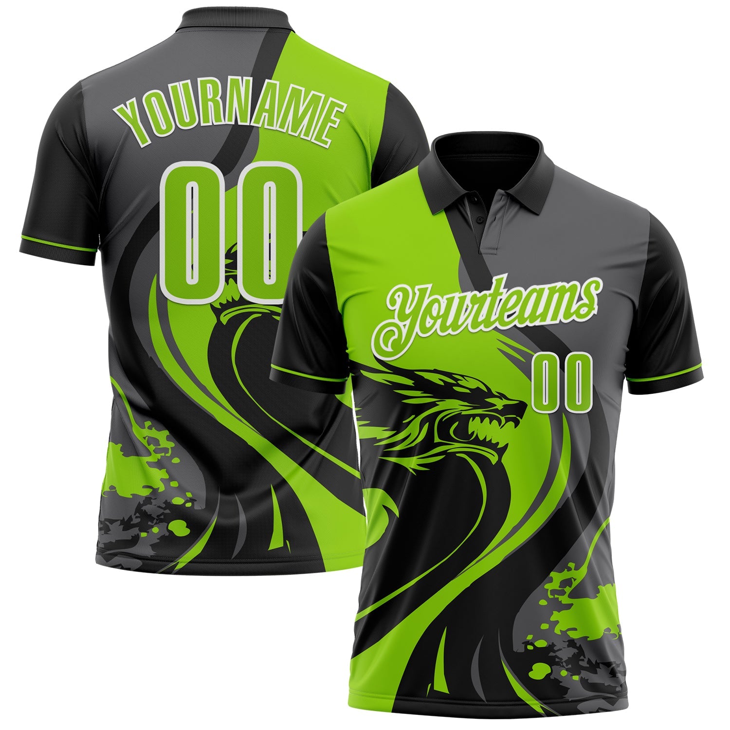 Custom Black Neon Green Steel Gray-White 3D Pattern Design Animal Wolf And Splash Performance Polo Shirt - Main View