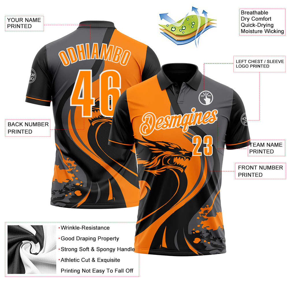 Custom Black Bay Orange Steel Gray-White 3D Pattern Design Animal Wolf And Splash Performance Polo Shirt view 3