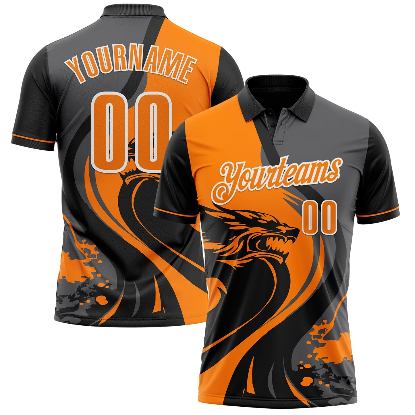 Custom Black Bay Orange Steel Gray-White 3D Pattern Design Animal Wolf And Splash Performance Polo Shirt - Main View