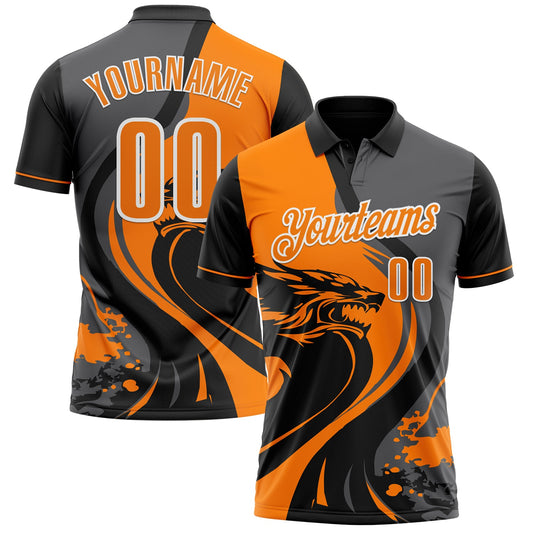 Custom Black Bay Orange Steel Gray-White 3D Pattern Design Animal Wolf And Splash Performance Polo Shirt - Main View