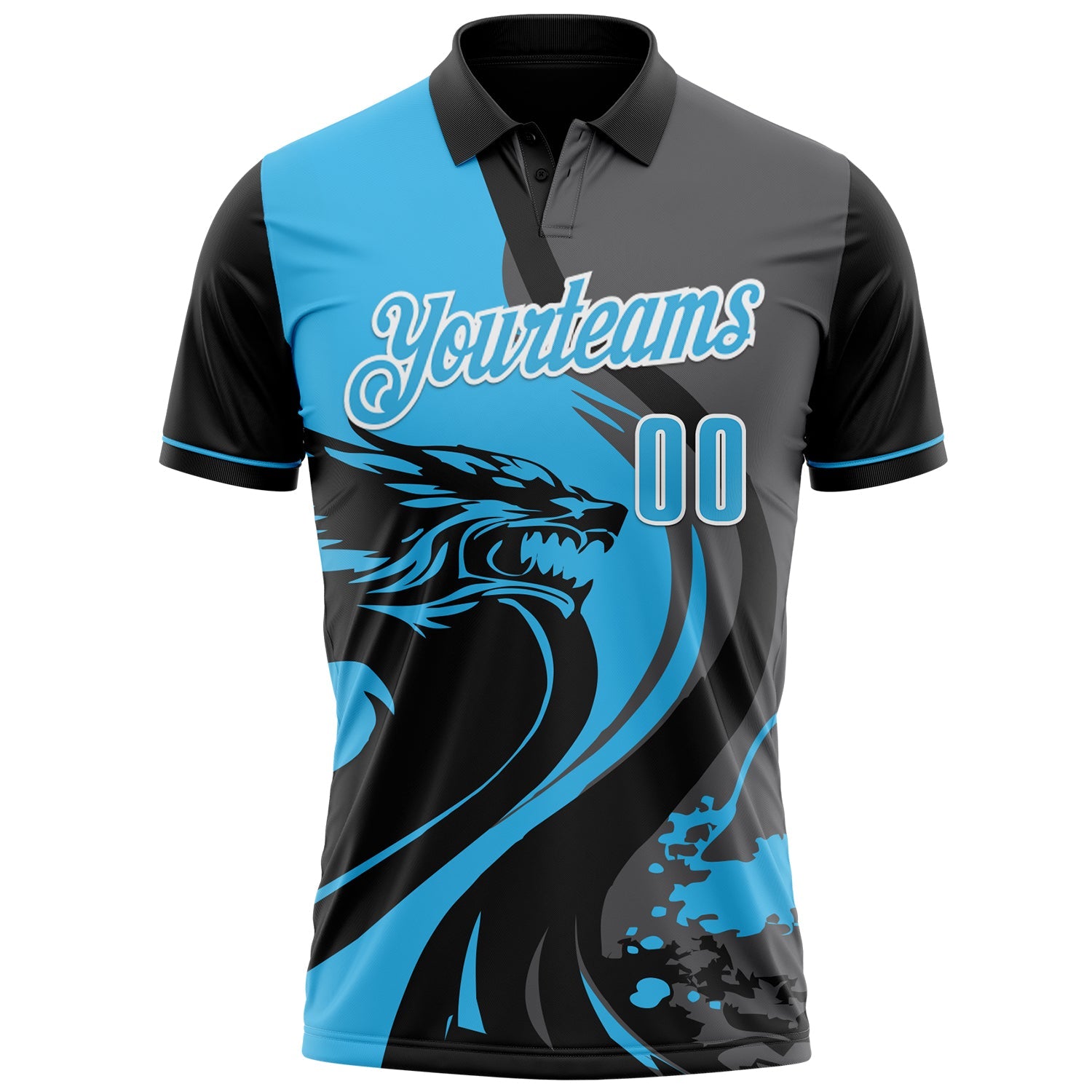 Custom Black Sky Blue Steel Gray-White 3D Pattern Design Animal Wolf And Splash Performance Polo Shirt view 2