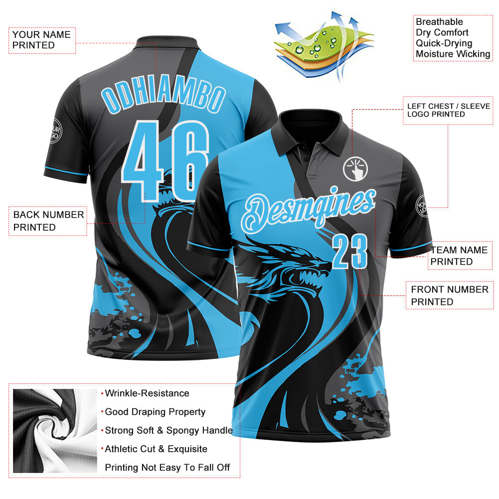 Custom Black Sky Blue Steel Gray-White 3D Pattern Design Animal Wolf And Splash Performance Polo Shirt view 3