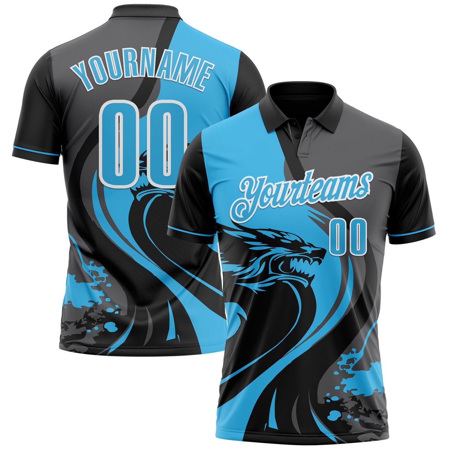Custom Black Sky Blue Steel Gray-White 3D Pattern Design Animal Wolf And Splash Performance Polo Shirt - Main View
