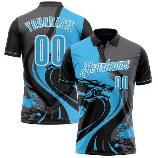 Custom Black Sky Blue Steel Gray-White 3D Pattern Design Animal Wolf And Splash Performance Polo Shirt - Main View