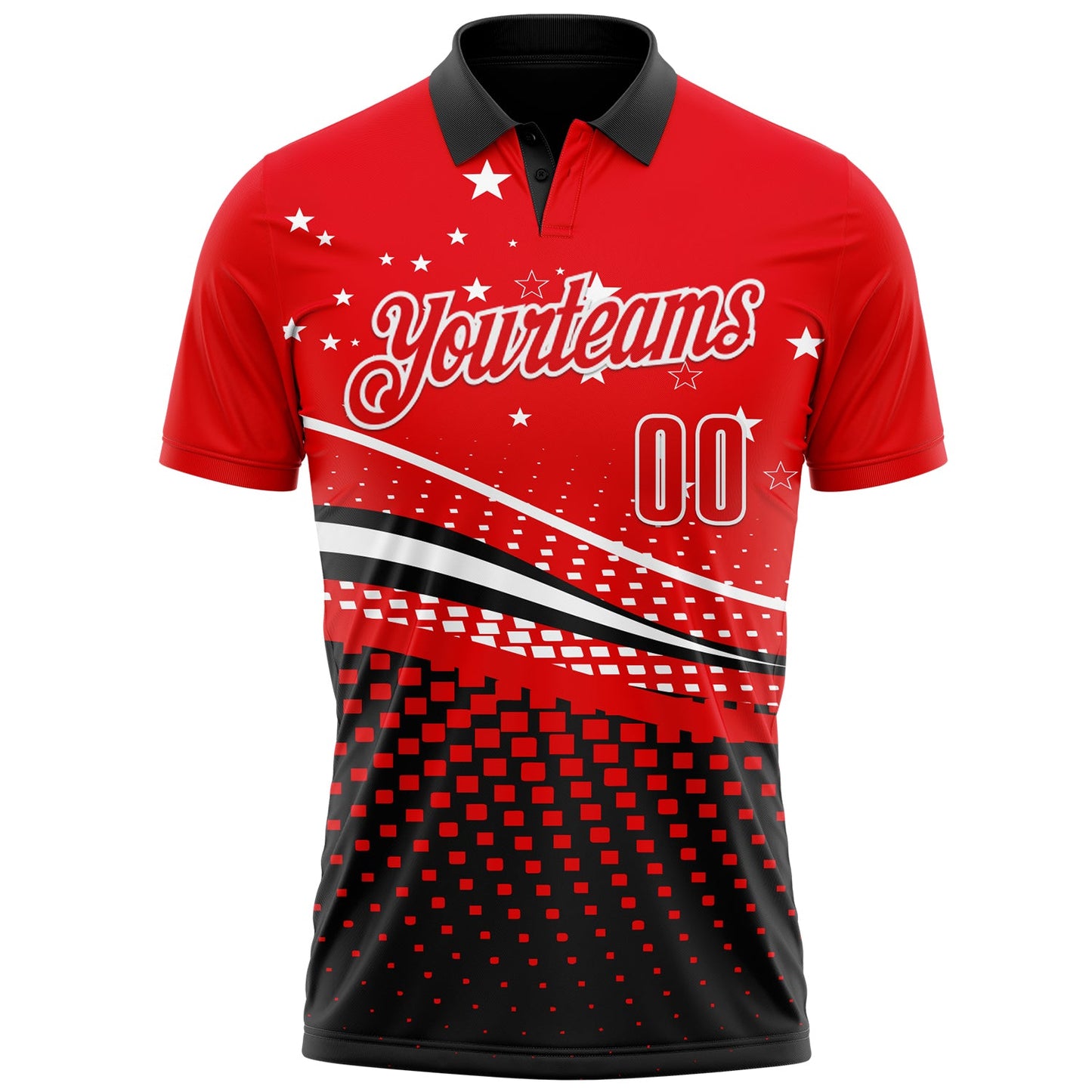 Custom Fire Red Black-White 3D Pattern Design Star And Geometric Shapes Performance Polo Shirt view 2