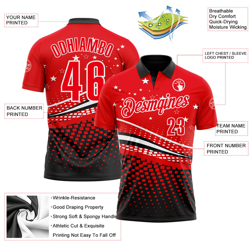 Custom Fire Red Black-White 3D Pattern Design Star And Geometric Shapes Performance Polo Shirt view 3