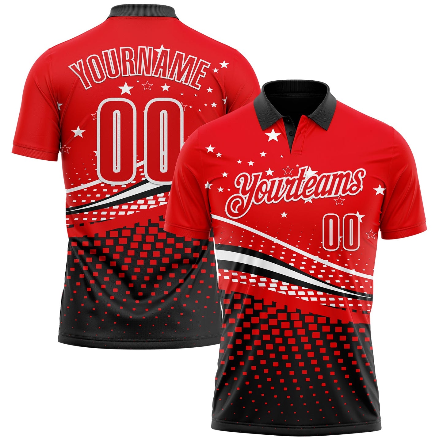 Custom Fire Red Black-White 3D Pattern Design Star And Geometric Shapes Performance Polo Shirt - Main View