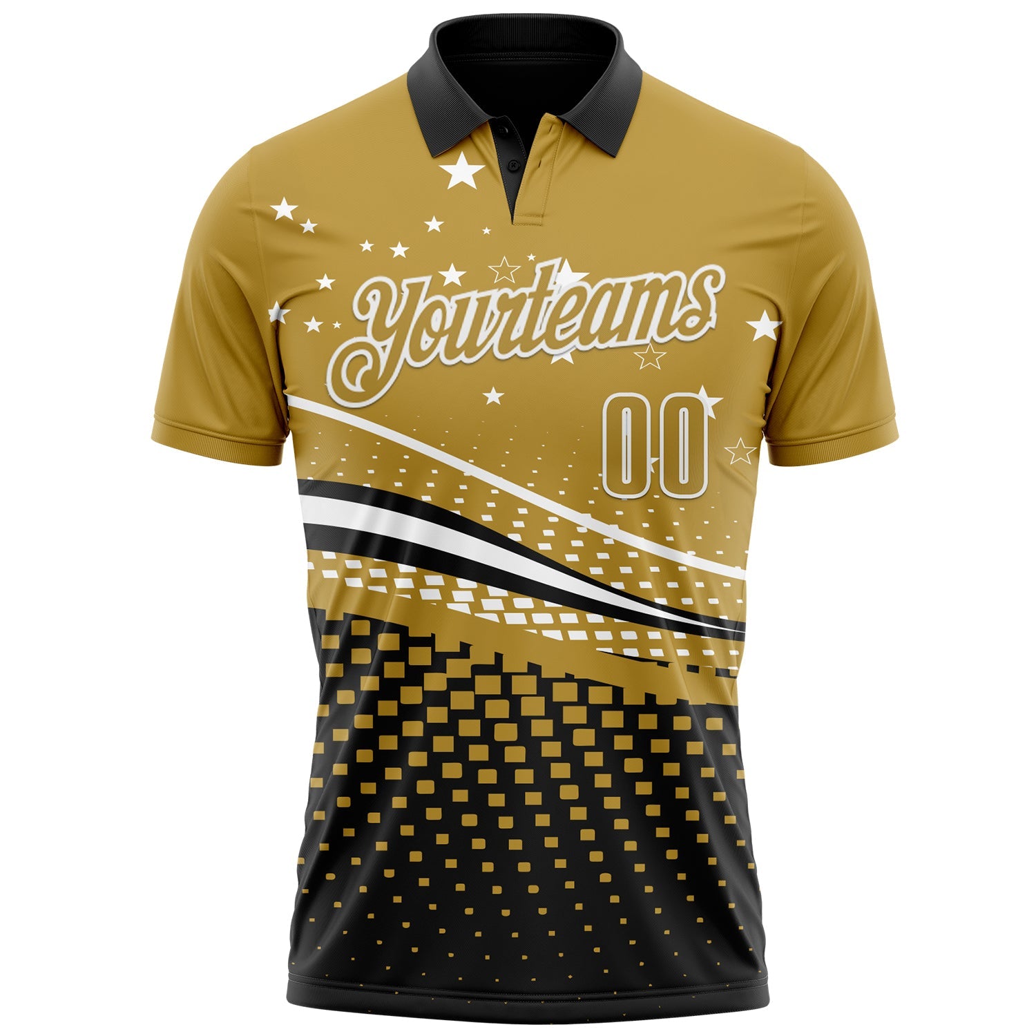 Custom Old Gold Black-White 3D Pattern Design Star And Geometric Shapes Performance Polo Shirt view 2