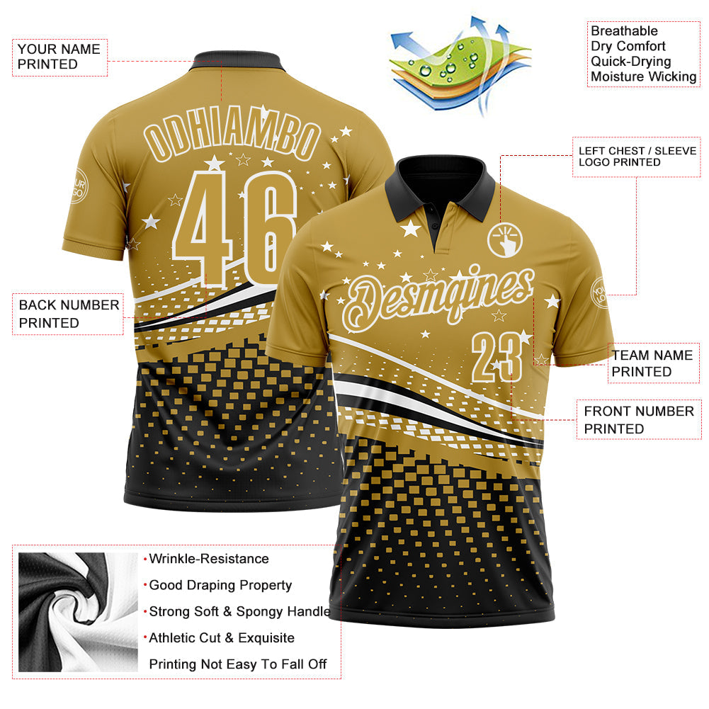 Custom Old Gold Black-White 3D Pattern Design Star And Geometric Shapes Performance Polo Shirt view 3