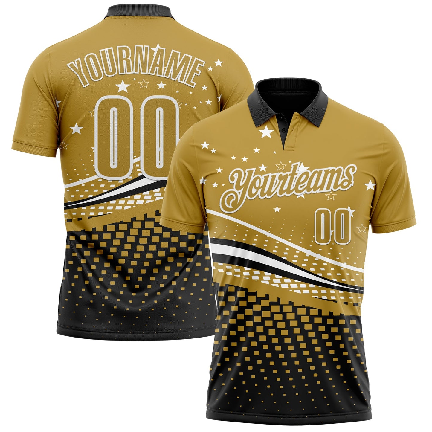 Custom Old Gold Black-White 3D Pattern Design Star And Geometric Shapes Performance Polo Shirt - Main View