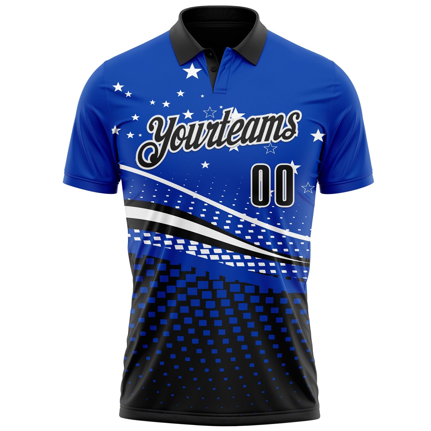 Custom Thunder Blue Black-White 3D Pattern Design Star And Geometric Shapes Performance Polo Shirt view 2