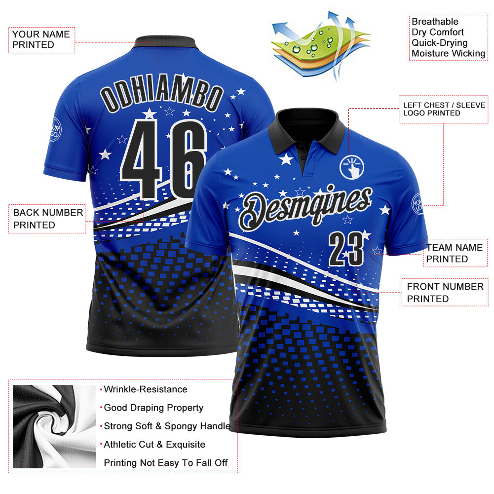 Custom Thunder Blue Black-White 3D Pattern Design Star And Geometric Shapes Performance Polo Shirt view 3