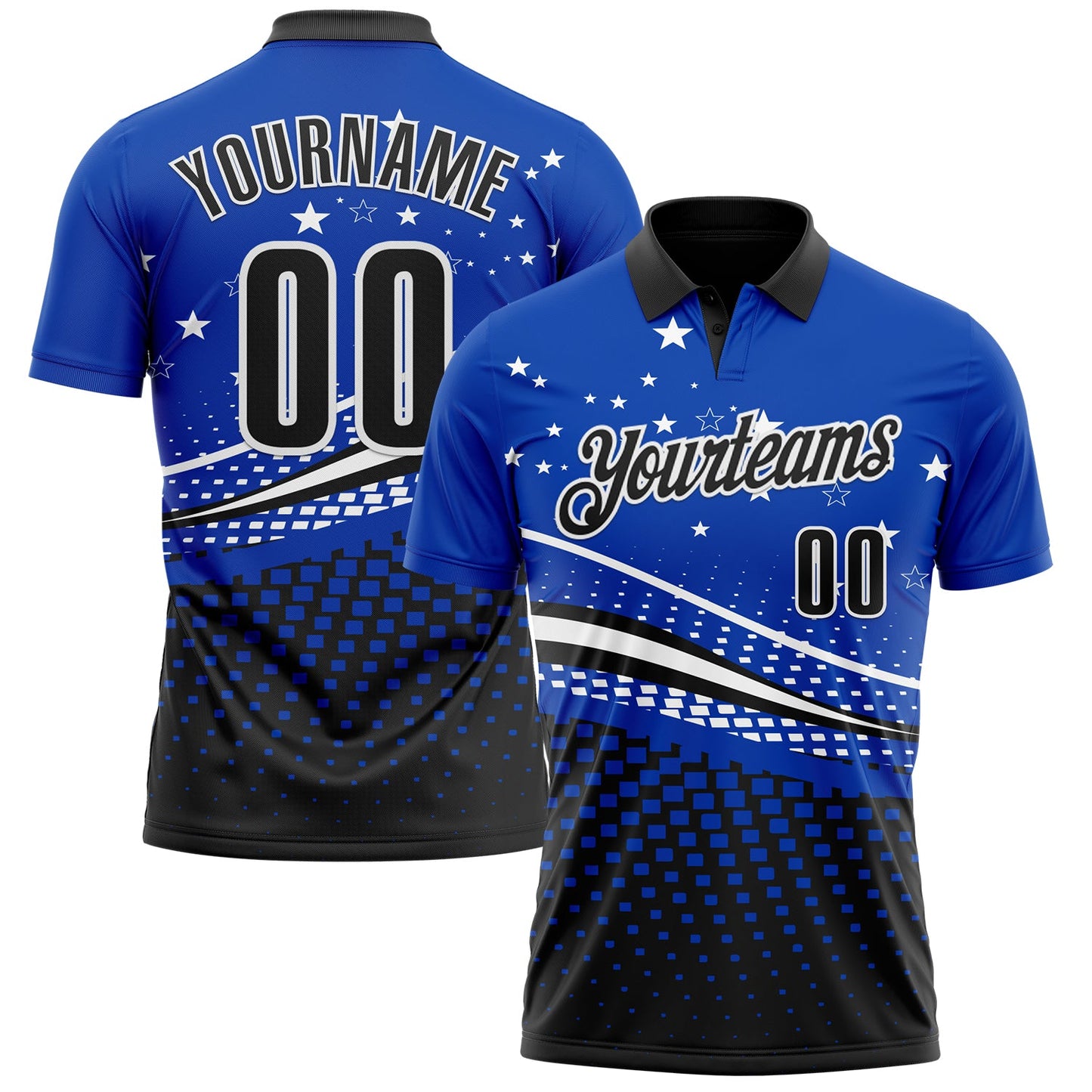 Custom Thunder Blue Black-White 3D Pattern Design Star And Geometric Shapes Performance Polo Shirt - Main View
