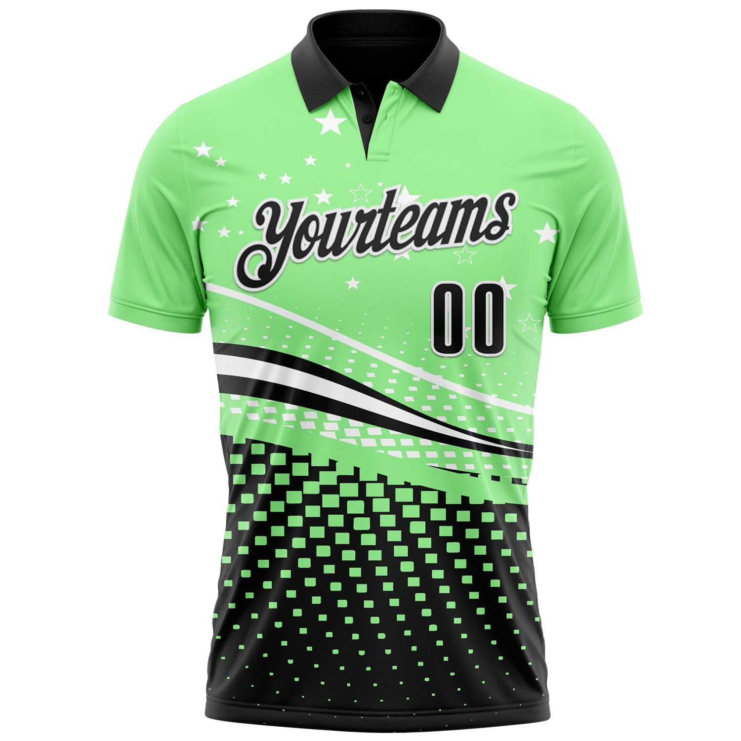 Custom Pea Green Black-White 3D Pattern Design Star And Geometric Shapes Performance Polo Shirt view 2