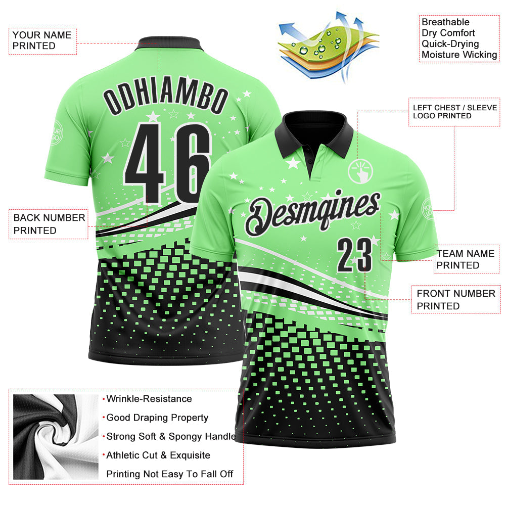 Custom Pea Green Black-White 3D Pattern Design Star And Geometric Shapes Performance Polo Shirt view 3