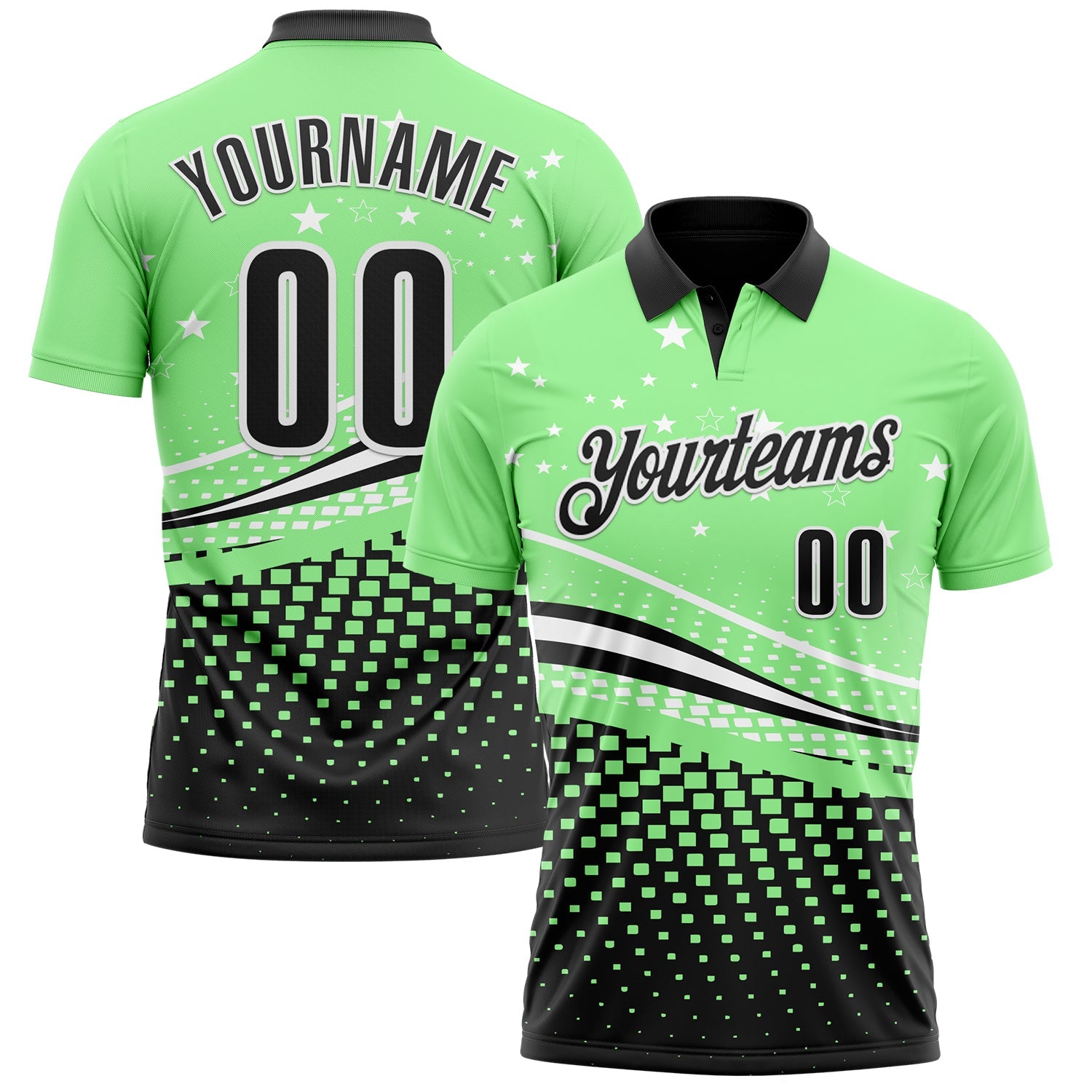 Custom Pea Green Black-White 3D Pattern Design Star And Geometric Shapes Performance Polo Shirt - Main View