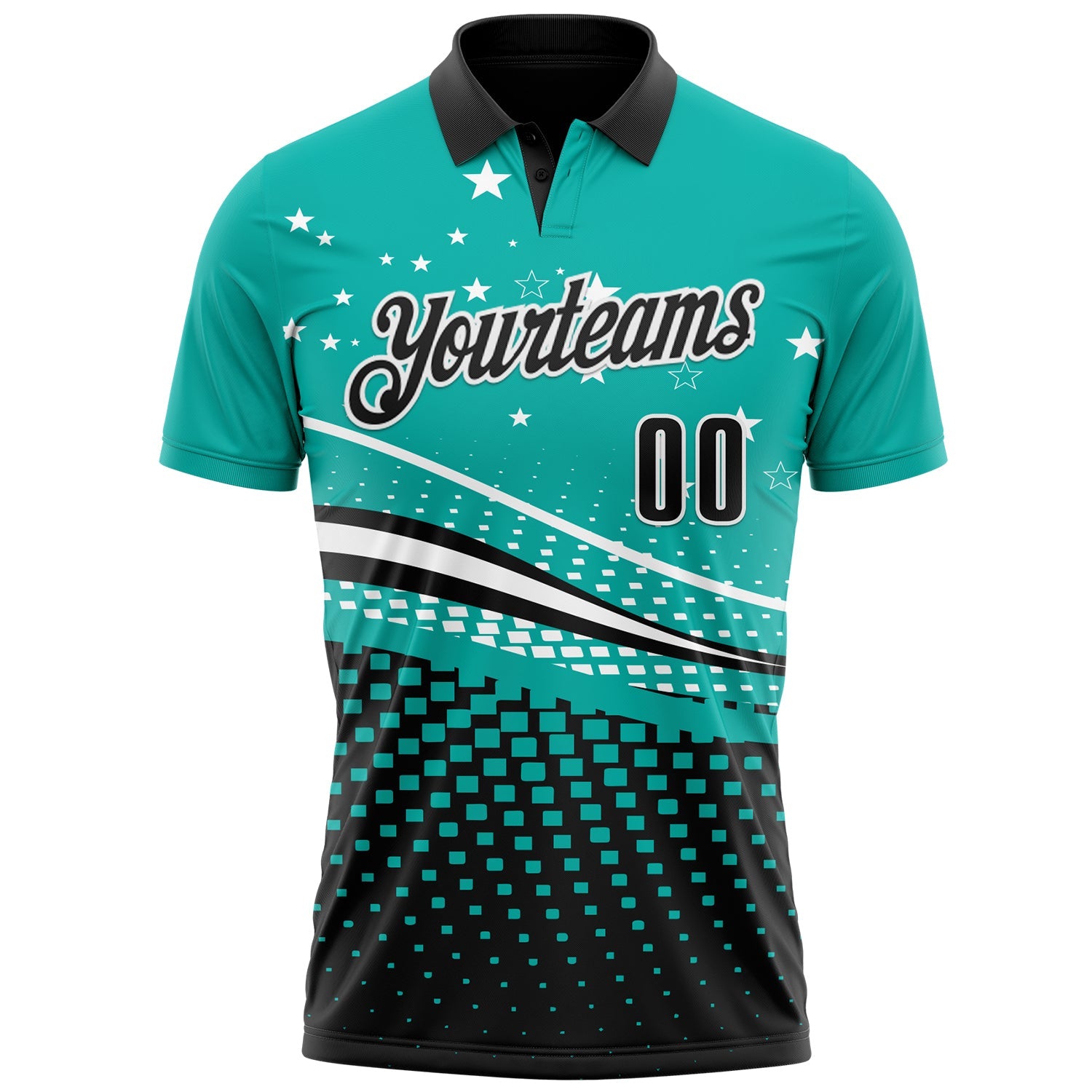 Custom Aqua Black-White 3D Pattern Design Star And Geometric Shapes Performance Polo Shirt view 2