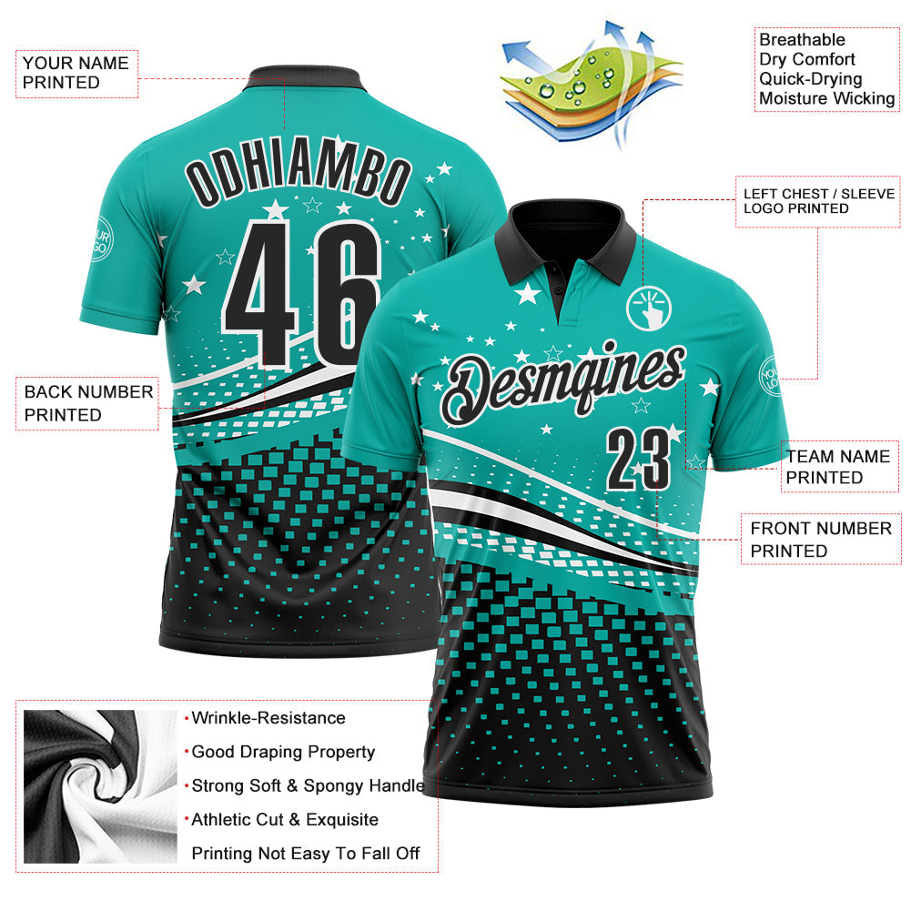 Custom Aqua Black-White 3D Pattern Design Star And Geometric Shapes Performance Polo Shirt view 3