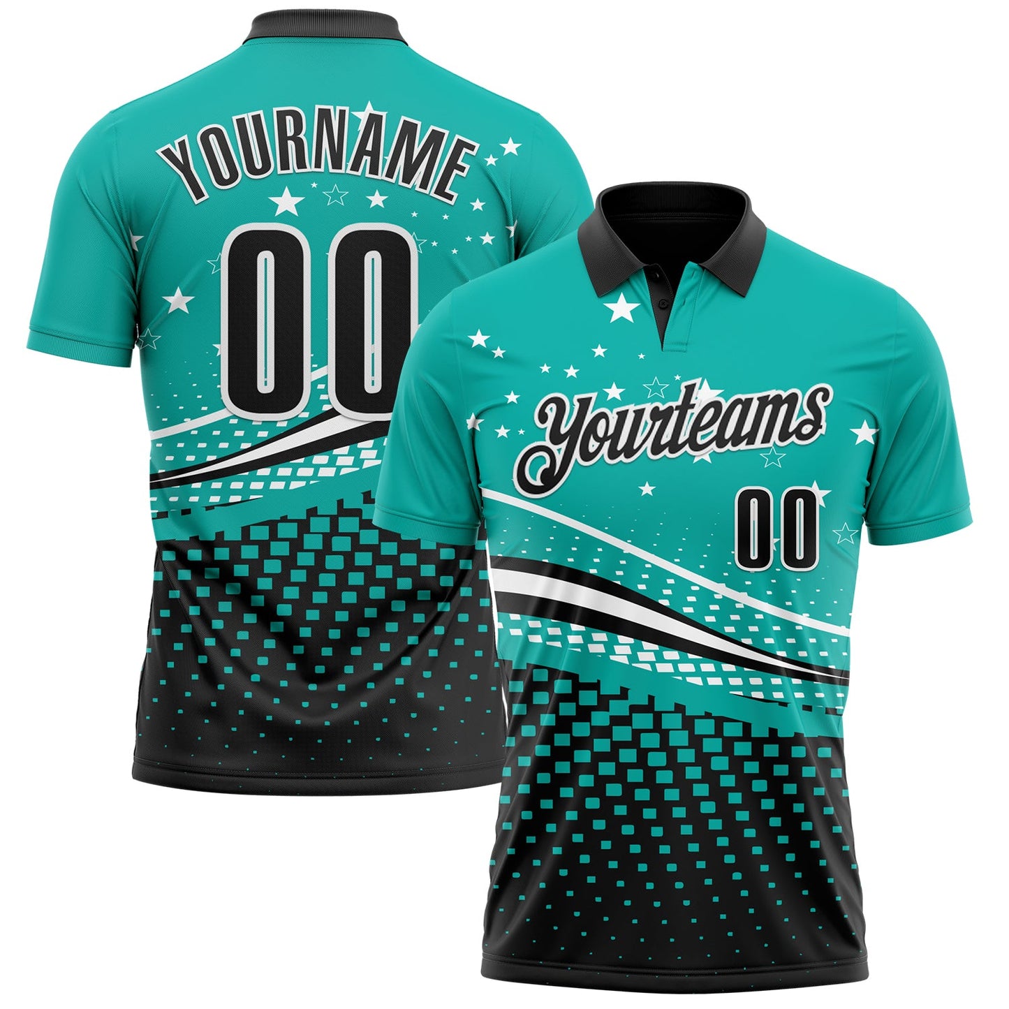 Custom Aqua Black-White 3D Pattern Design Star And Geometric Shapes Performance Polo Shirt - Main View