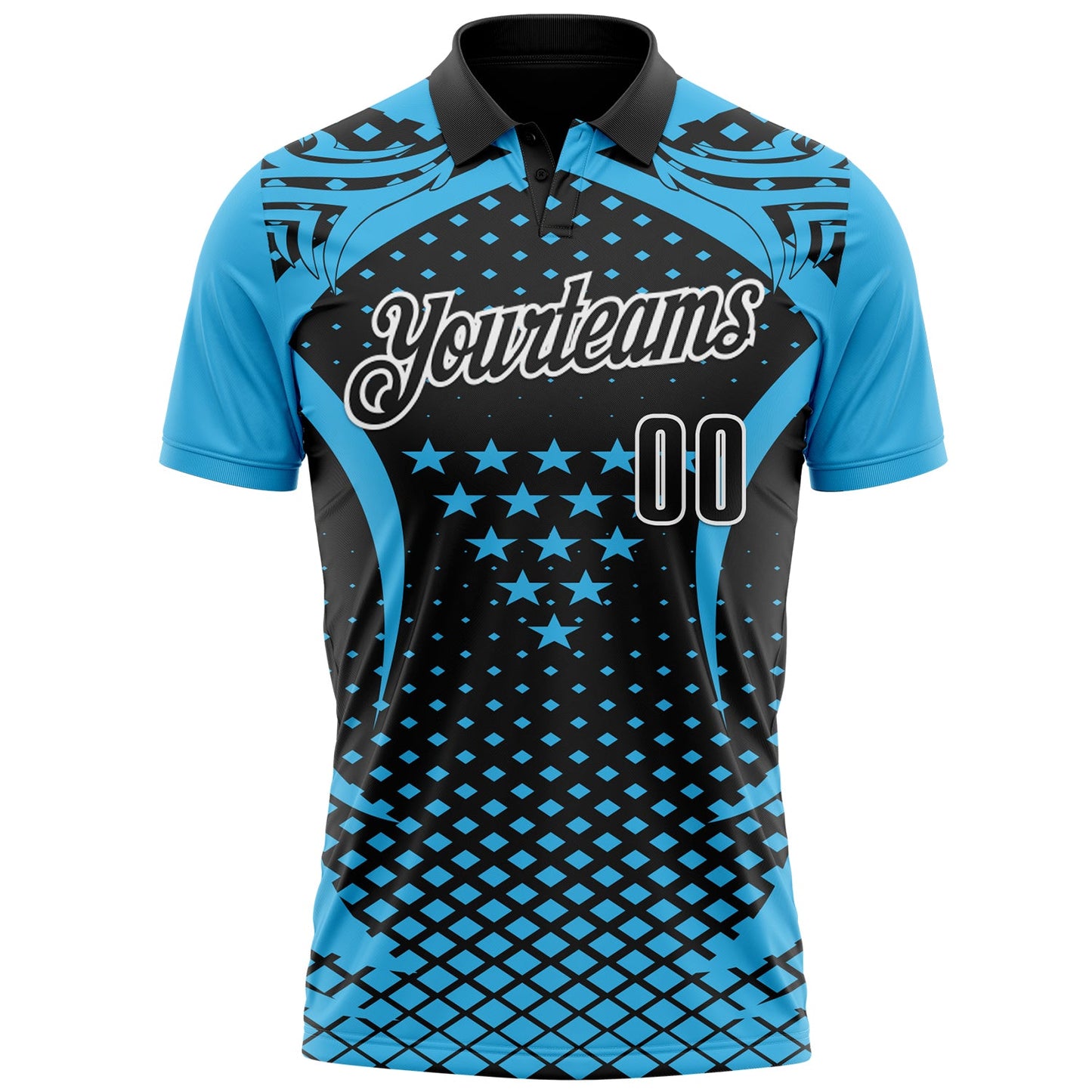 Custom Sky Blue Black-White 3D Pattern Design Star And Geometric Shapes Performance Polo Shirt view 2