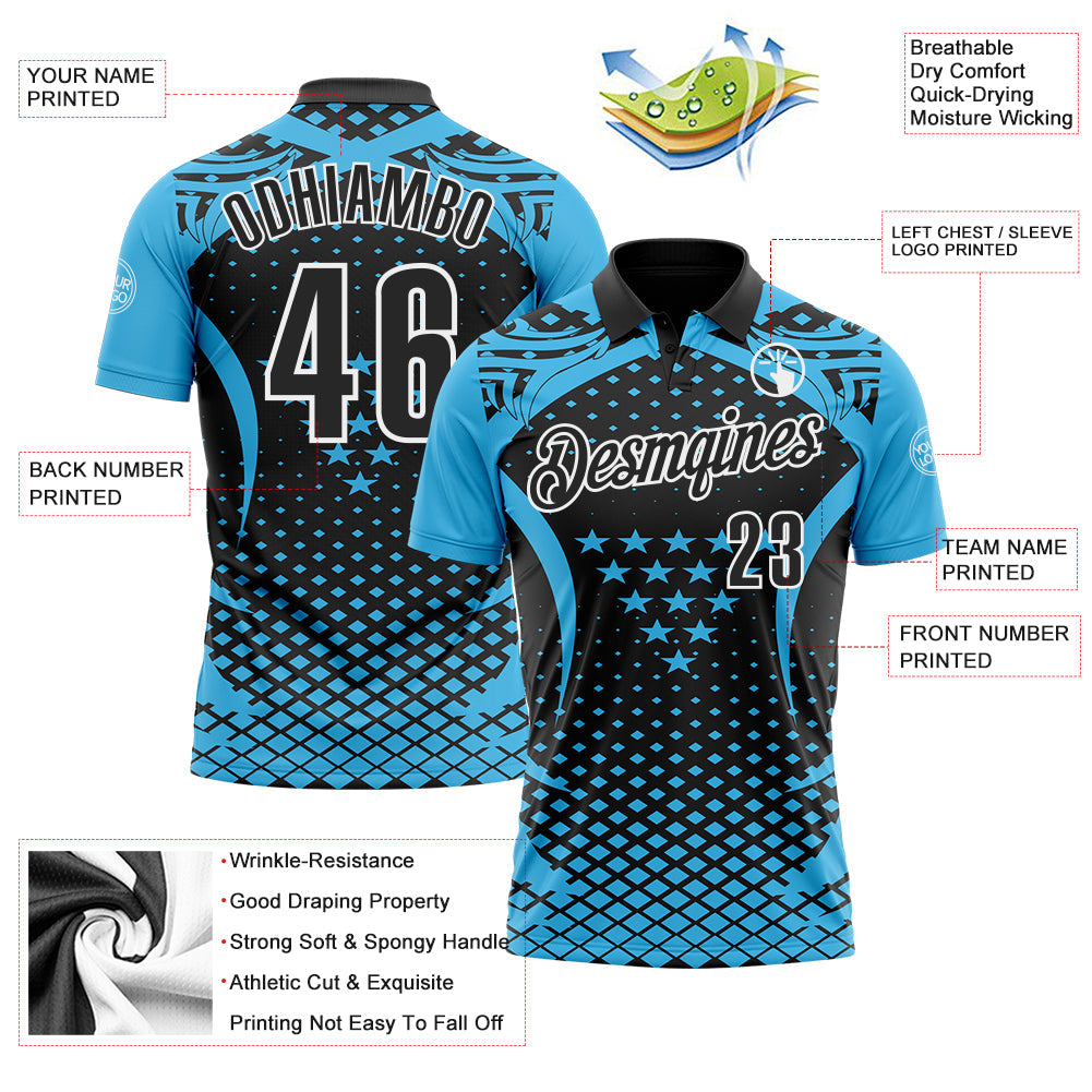 Custom Sky Blue Black-White 3D Pattern Design Star And Geometric Shapes Performance Polo Shirt view 3