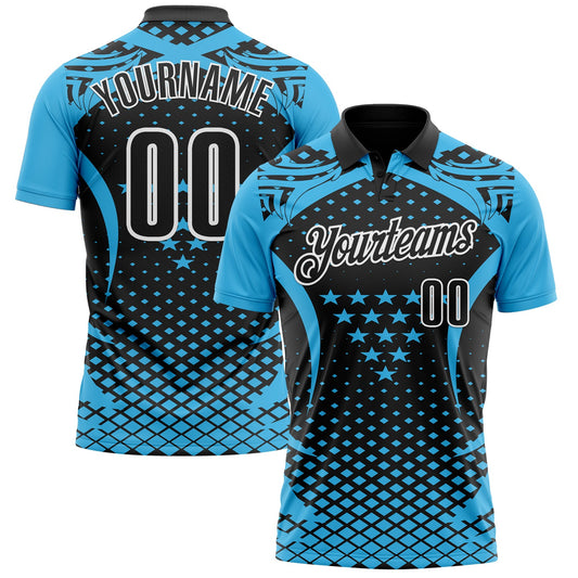 Custom Sky Blue Black-White 3D Pattern Design Star And Geometric Shapes Performance Polo Shirt - Main View