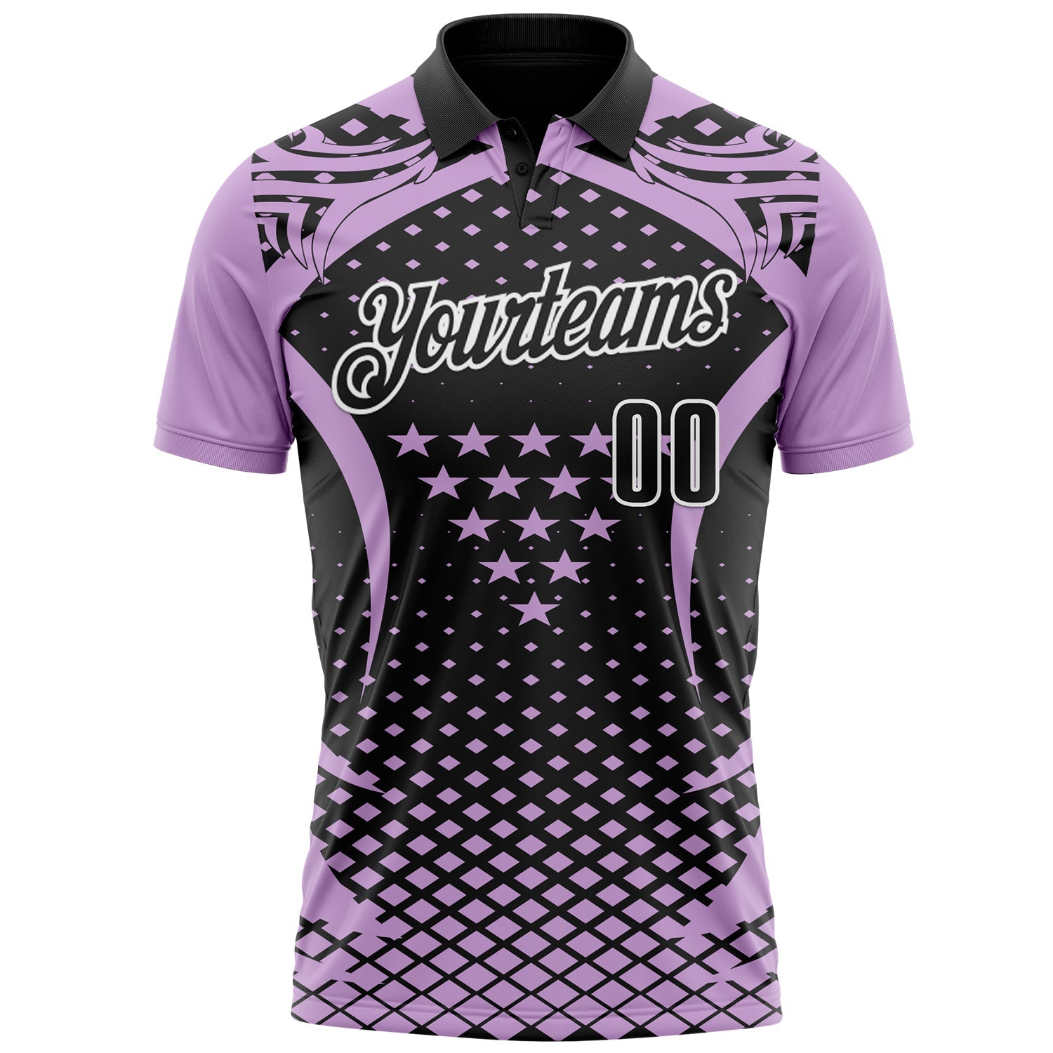 Custom Light Purple Black-White 3D Pattern Design Star And Geometric Shapes Performance Polo Shirt view 2