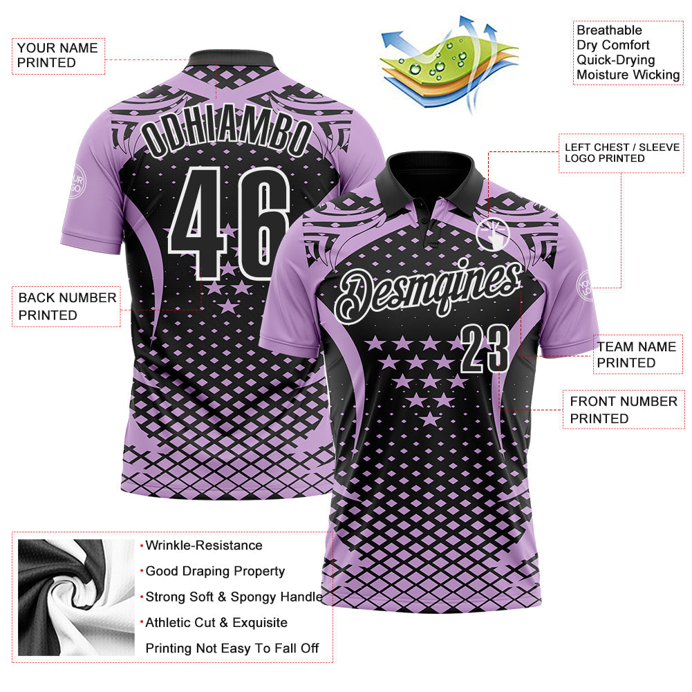 Custom Light Purple Black-White 3D Pattern Design Star And Geometric Shapes Performance Polo Shirt view 3