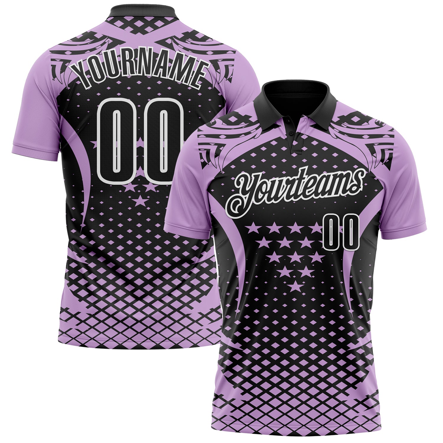 Custom Light Purple Black-White 3D Pattern Design Star And Geometric Shapes Performance Polo Shirt - Main View