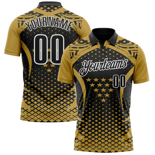 Custom Old Gold Black-White 3D Pattern Design Star And Geometric Shapes Performance Polo Shirt - Main View
