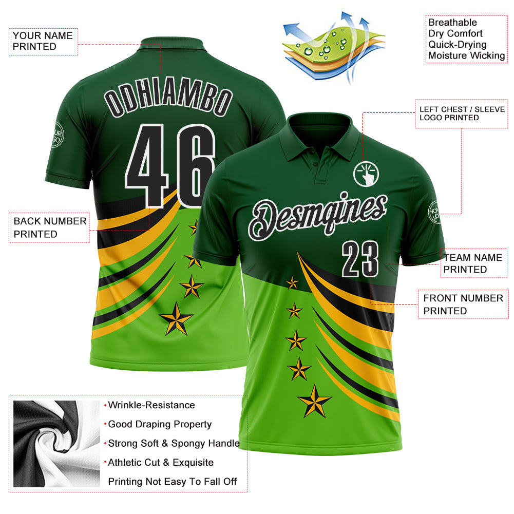 Custom Green Black Gold-White 3D Pattern Design Star Performance Polo Shirt view 3