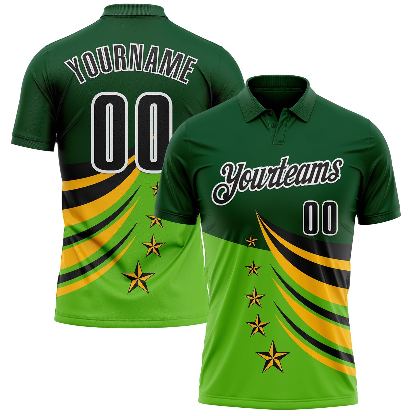 Custom Green Black Gold-White 3D Pattern Design Star Performance Polo Shirt - Main View