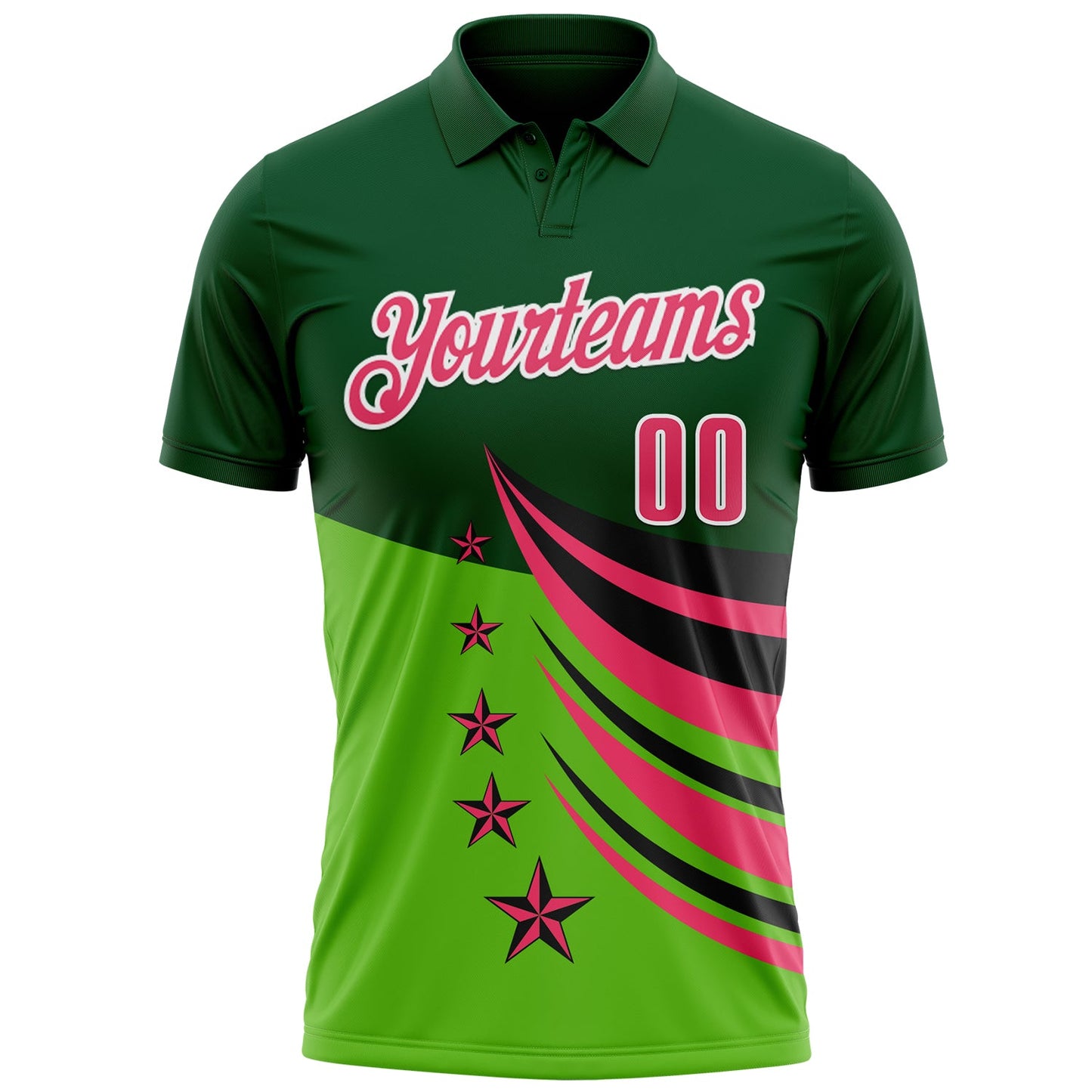 Custom Green Neon Pink Black-White 3D Pattern Design Star Performance Polo Shirt view 2