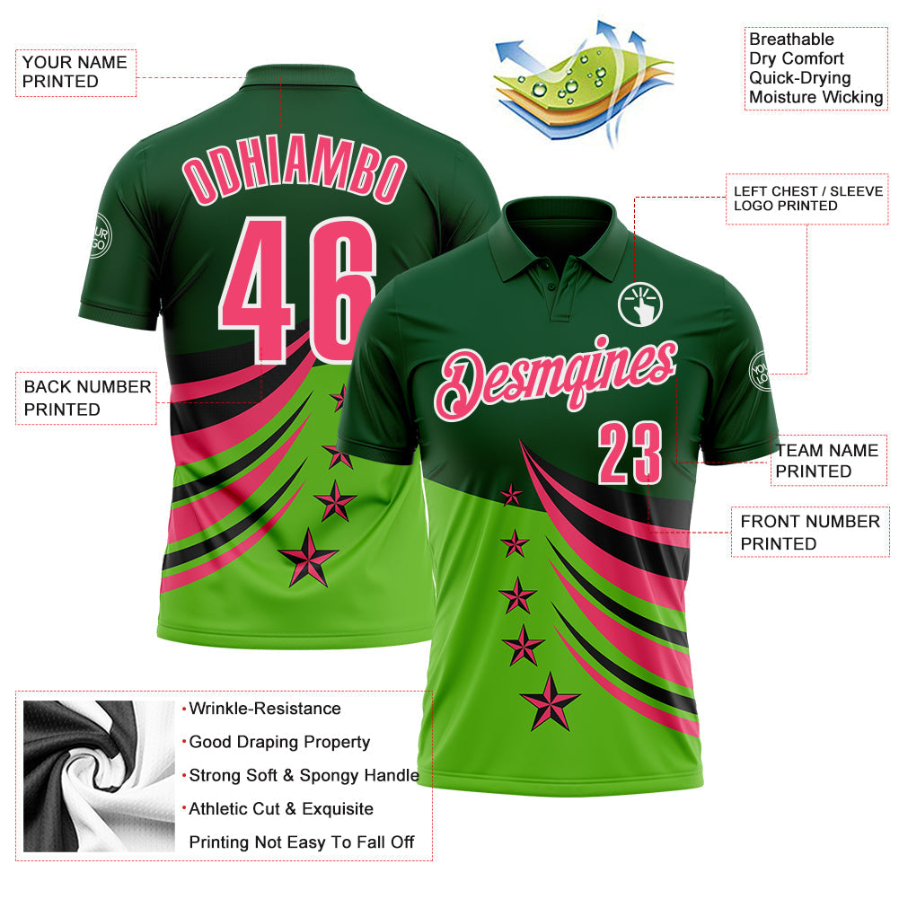 Custom Green Neon Pink Black-White 3D Pattern Design Star Performance Polo Shirt view 3
