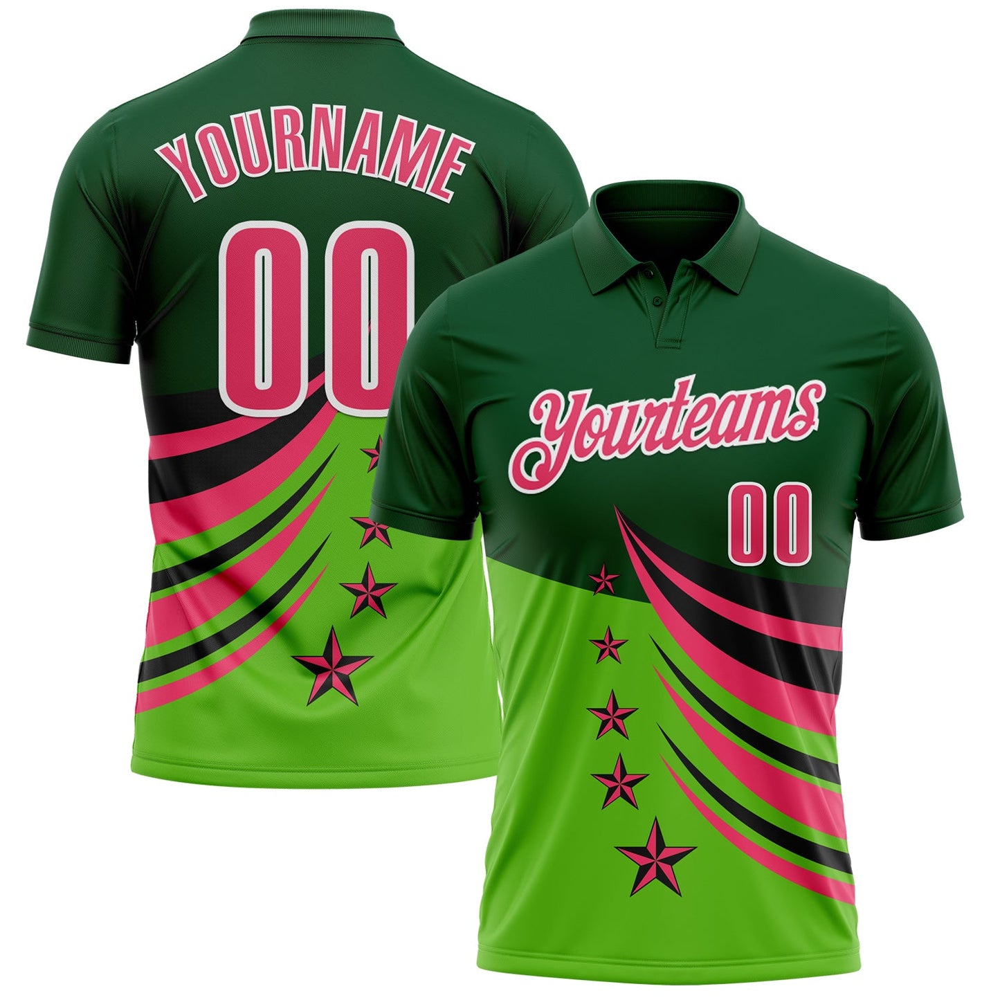 Custom Green Neon Pink Black-White 3D Pattern Design Star Performance Polo Shirt - Main View