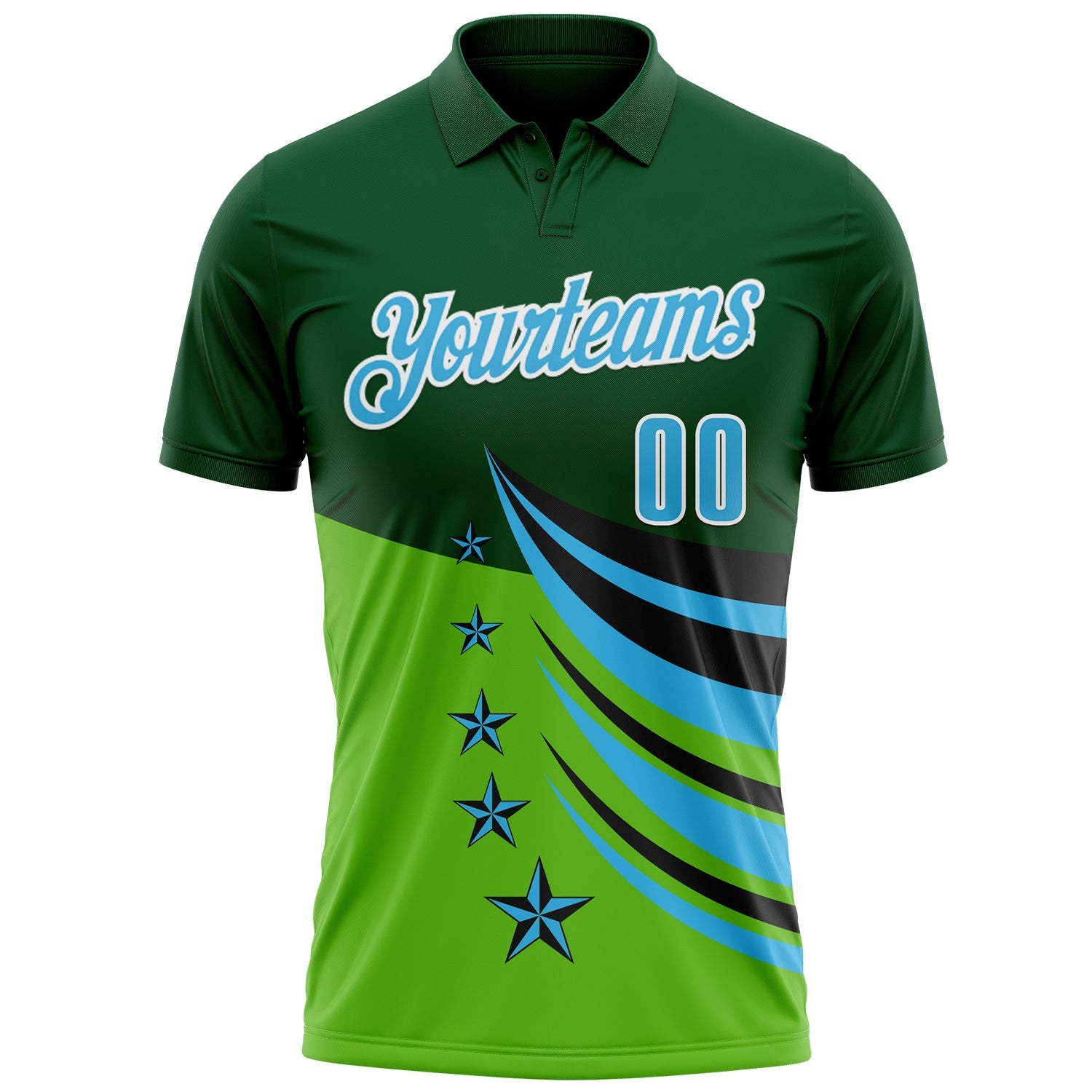 Custom Green Sky Blue Black-White 3D Pattern Design Star Performance Polo Shirt view 2