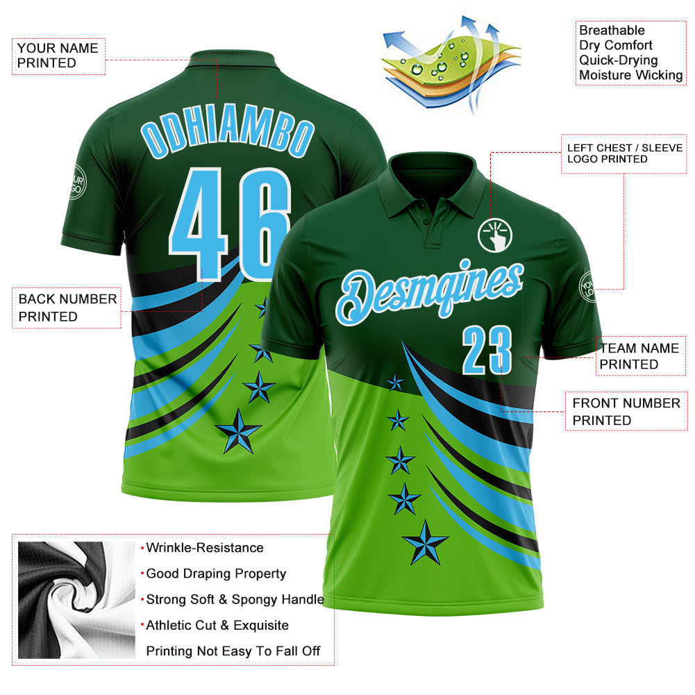 Custom Green Sky Blue Black-White 3D Pattern Design Star Performance Polo Shirt view 3