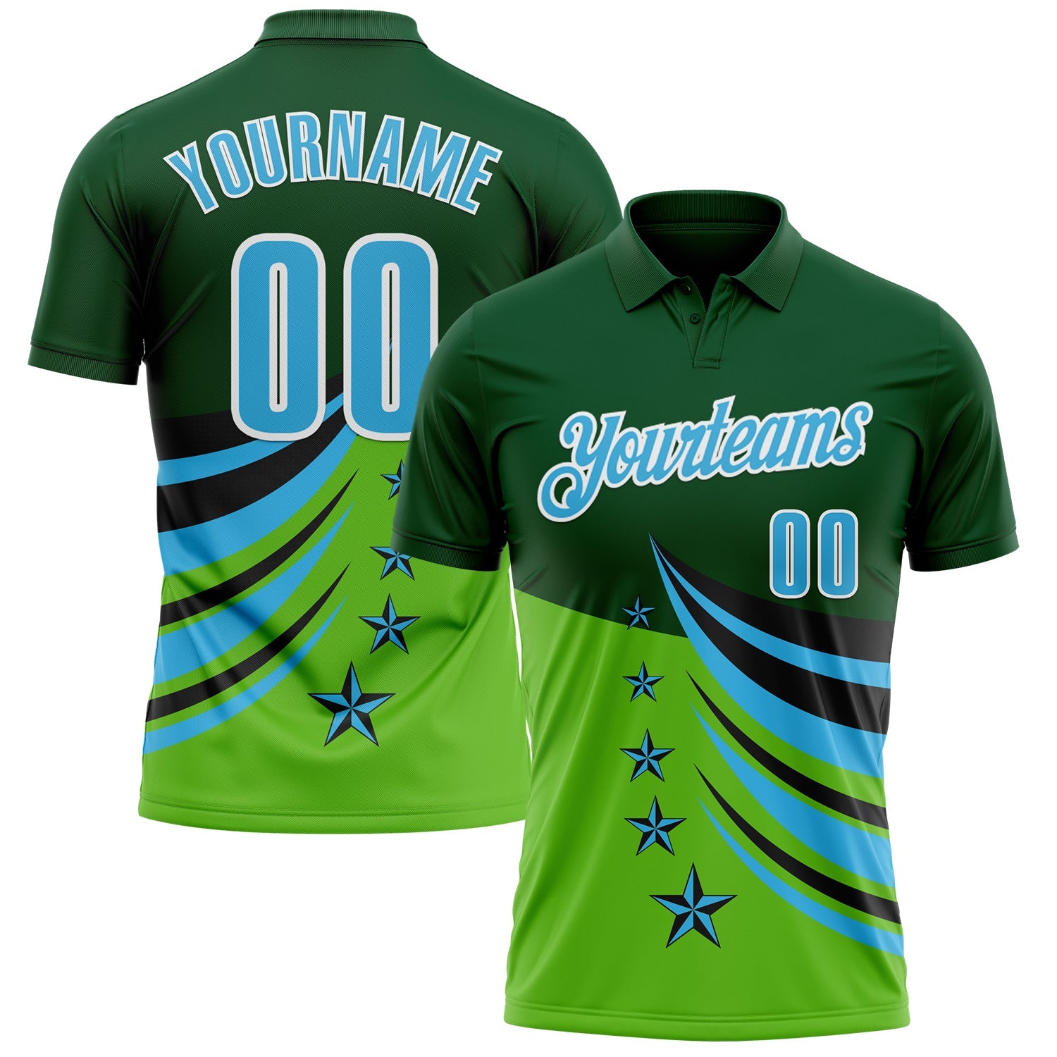 Custom Green Sky Blue Black-White 3D Pattern Design Star Performance Polo Shirt - Main View